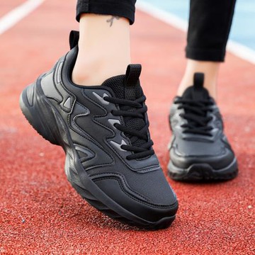 貝艾夢女鞋黑色皮面防水運動鞋百搭學生軍訓鞋輕便軟底跑步鞋女士