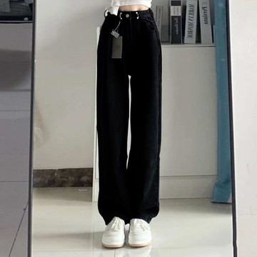 黑色牛仔褲女2025夏薄款直筒寬松拖地闊腿褲高腰大碼胖mm顯瘦褲子