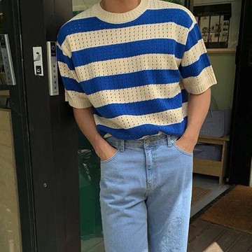 冰絲短袖 針織衫 高級感黑白條紋冰絲針織衫短袖恤男夏季韓版寬鬆五分中袖上衣服0605