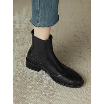 2025新款真皮馬丁靴女英倫風切爾西短靴女中跟粗跟圓頭短筒靴子