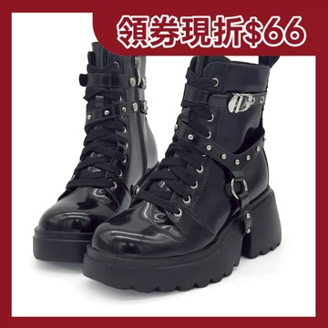 短靴 厚底靴 機車靴 馬丁靴 哥德式甜酷鉚釘3ways可拆式皮帶輕量厚底機車馬汀靴ROBINLO (RUDY 暗夜糖霜)