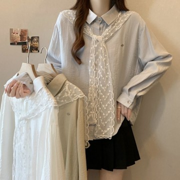 中大尺碼溫柔風設計感蕾絲刻花鏤空披肩長袖排釦襯衫L~4XL-Ballet Dolly