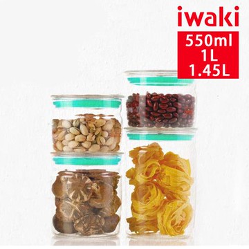 【日本iwaki】耐熱玻璃密封罐4入禮盒組(550mlx2+1L+1.45L)(原廠總代理)