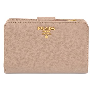PRADA 1ML225 浮雕LOGO防刮皮革扣式零錢中夾.柔粉