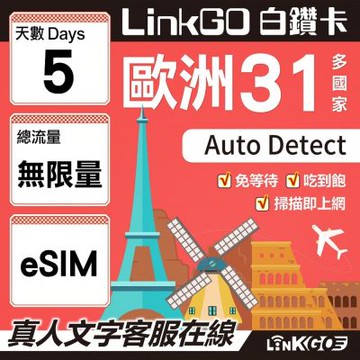 LINKGO白鑽卡 歐洲31國 eSIM卡 5天上網卡 無限流量吃到飽不降速(歐洲網卡 西班牙 德國 奧地利 英國)