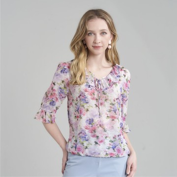 CLL巧玲瓏 水彩花卉荷葉領上衣 6633803