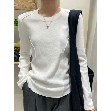 白色長袖t恤女秋季2025新款洋氣修身魚骨內搭圓領打底衫高級上衣