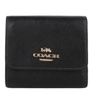 COACH 立體金馬車雙拼色暗釦三折短夾(黑x內咖)