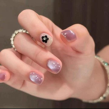 優美甲片 純手工顯白美甲穿戴感紫色貓眼純手繪小花短款溫柔百搭2026爆款
