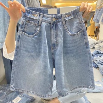 適合胯大腿粗牛仔短褲女夏薄款胖妹妹mm可調節寬松顯瘦直筒五分褲
