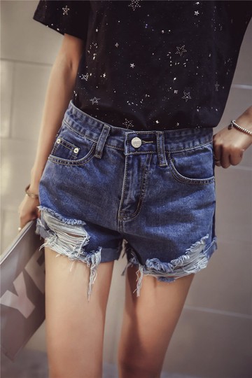 FINDSENSE MD 時尚 女 潮 休閒 百搭 高腰 破洞 拼色 牛仔短褲 熱褲 休閒短褲