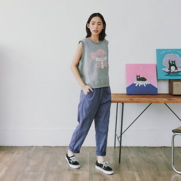 【Dailo】經彈剪接貓咪口袋修身長褲 藍 駝(魅力商品)