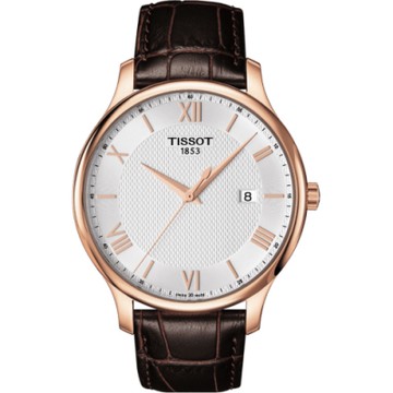 TISSOT 天梭 官方授權 Tradition 羅馬經典大三針石英腕錶 雙12購物節 送禮首選-玫瑰金框x咖啡/42mm T0636103603800