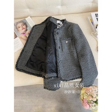 灰色小香風外套女2025秋冬新款法式復古夾棉加厚羊毛粗花呢子上衣