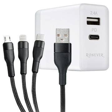 RONEVER DE019D PD電源供應器組 3IN1 PD充電器54 x 46 x 27mm + 充電線長120cm 114g  白色  1組