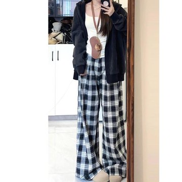 mrzp格紋休閑褲女秋冬季美式慵懶風抽繩寬松直筒拖地格