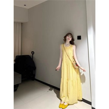 (免運)2025夏季新款法式氣質溫柔風奶fufu黃色格子無袖背心連衣裙小個子