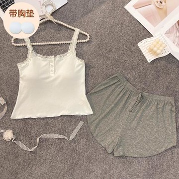 睡衣女夏季純棉自帶胸墊吊帶短褲ins風性感莫代爾薄款家居服套裝