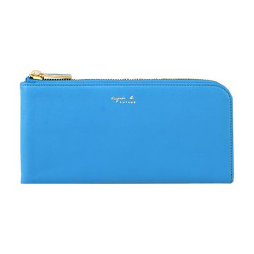 agnes b.素面皮革L拉鍊長夾-天藍