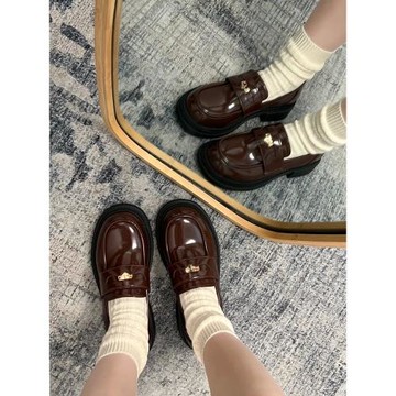 法式復古棕色一腳蹬厚底高跟小皮鞋女2025新款百搭粗跟金幣樂福鞋