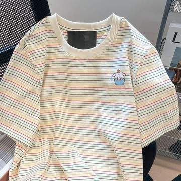 印花小狗 韓系 減齡 撞色 chic 別緻彩虹 條紋 寬鬆短袖 t卹女裝 夏季 學院風 正肩上衣服潮