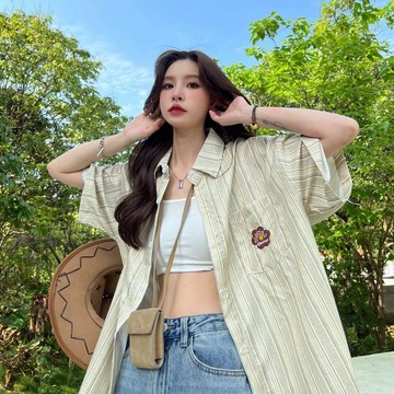 polo領短袖oldschool襯衫女夏季藝術感chic港味上衣條紋襯衣 短袖襯衫女 美式襯衫 復古襯衫 短袖襯衫 襯衫