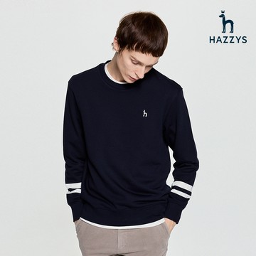 【HAZZYS】男款深藍色柔軟舒適寬鬆設計展現優雅氣質長袖圓領衫 YZWED344
