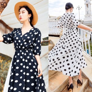ワンピース レディース カシュクールワンピース ドット柄ワンピース ロング シフォン 水玉 モノクロ 色違い 半袖 白 黒 通販 Lineポイント最大1 0 Get Lineショッピング