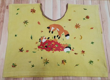 手工刺繡襯衫、棉布、狐狸、秋天、葉子