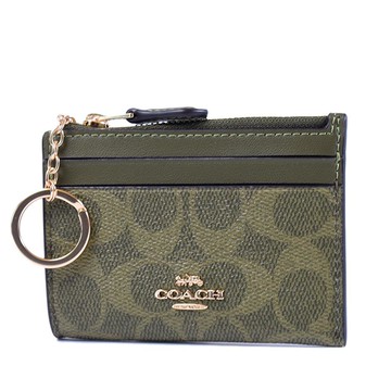 COACH 緹花LOGO防刮皮革證件鑰匙零錢包-橄欖綠