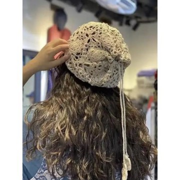 手工編織甜美減齡百搭堆堆帽子女圍脖發帶名族風繡花包頭帽針織帽