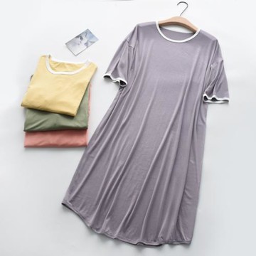 日系純色簡約莫代爾短袖睡裙女士夏季薄款寬松大碼拼接家居服睡衣