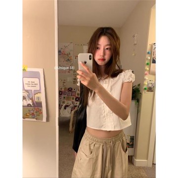 Unique SEI 夏季韓系簡約純欲甜美清新一字領顯瘦泡泡袖襯衫上衣