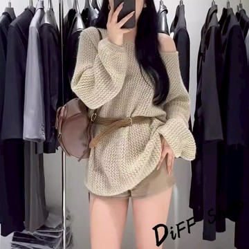 韓版氣質斜肩簍空針織上衣【S365】