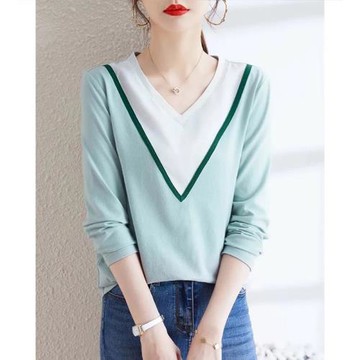 長袖打底衫秋季韓版新款休閑百搭v領修身撞色拼接假兩件針織衫女