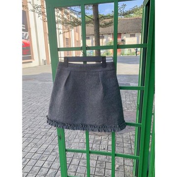 法式灰色毛呢蓬蓬短裙秋冬季大碼小個子高腰花邊傘裙花苞半身裙女