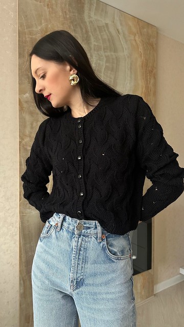 美麗諾羊毛開襟外套 手工針織毛衣 黑色鈕釦毛衣外套