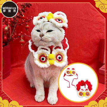 摩達客寵物-新春開運喜氣紅色醒獅帽子圍脖兩件組（變身系列貓咪狗狗適用）-M尺寸_廠商直送