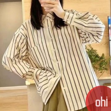 【ohi】港風復古寬鬆條紋襯衫 設計感小眾 長袖襯衫 學院風襯衫女 女生襯衫 襯衣 襯衫 上衣 女裝 GSNA50