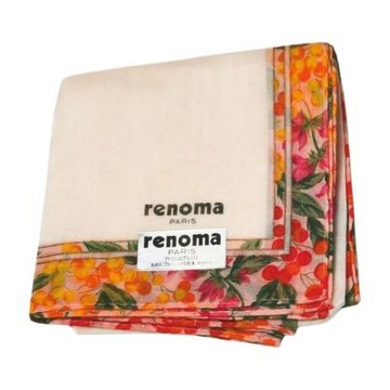 renoma PARIS 日本製100%櫻桃花漾滾邊圖騰字母LOGO帕巾(米白色系/44CM)