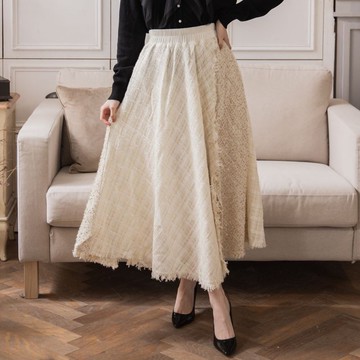 格紋毛呢拼接口袋裙  米白