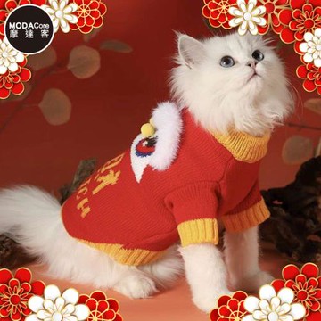 摩達客寵物_新春祥獅紅色大發財針織毛衣(貓咪狗狗服飾)中小型犬貓-5種尺寸可選