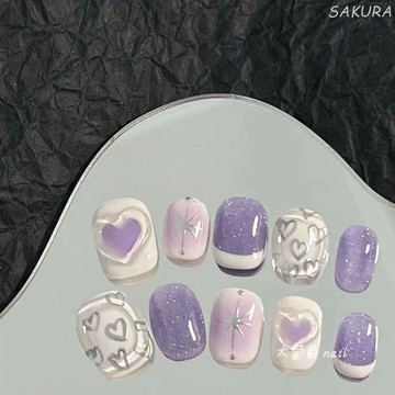 🎀台灣出貨🎀芋泥啵啵純手工穿戴甲溫柔紫色顯白可愛手繪涂鴉新款穿戴甲短款