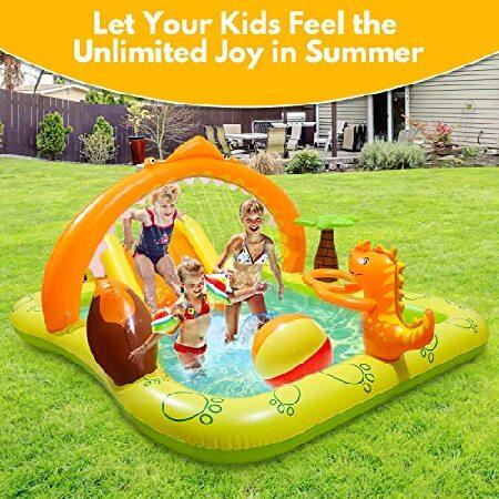 Inflatable Play Center, Aukivon Inflatable Kids Pool with Slide, 97''x76''x43'' Kiddie Pool with Slide, Kids Blow Up Pool with Dinosaur Water 並行輸入