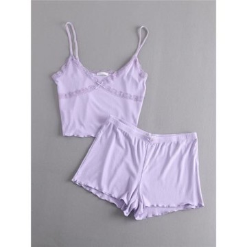 甜美夏季新款女式薄款蕾絲拼接吊帶背心睡衣兩件套裝休閑居家短褲