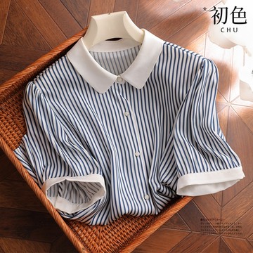 初色 條紋拼接翻領單排釦短袖寬鬆襯衫上衣女上衣-共2色-36273(M-3XL可選)