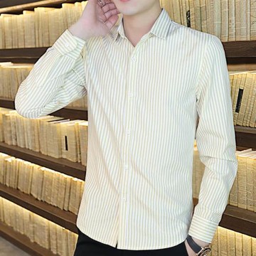秋季新款韓版男士長袖修身襯衫潮流休閑男生條紋刺繡襯衣帥氣上衣