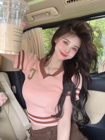 夏季新款學院風條紋polo領短袖t恤女修身顯瘦V領甜辣短款上衣