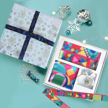 聖誕節三件套經典 歡樂幾何方巾+髮帶絲巾+絲巾扣