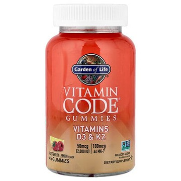 Garden of Life, Vitamin Code 軟糖，維生素 D3 和 K2，樹莓檸檬味，45 粒